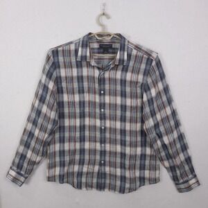 The Men's Store Bloomingdale's Linen Shirt Mens XL Blue Brown Plaid Button Down